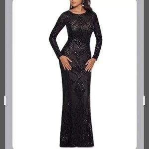 Betsy & Adam: Elegant Black Long Sleeve Sequin Evening Mermaid-Style Gown